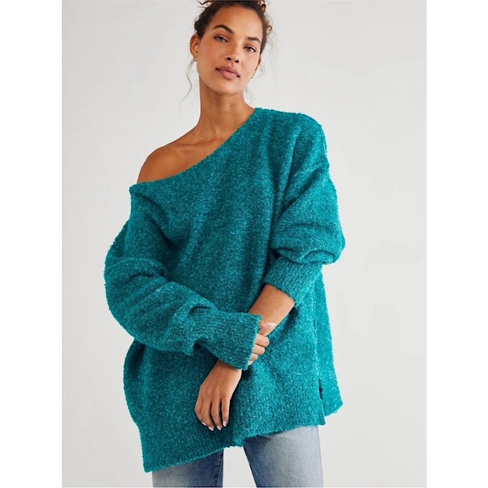 Free People Teal Off-the-Shoulder Sweater